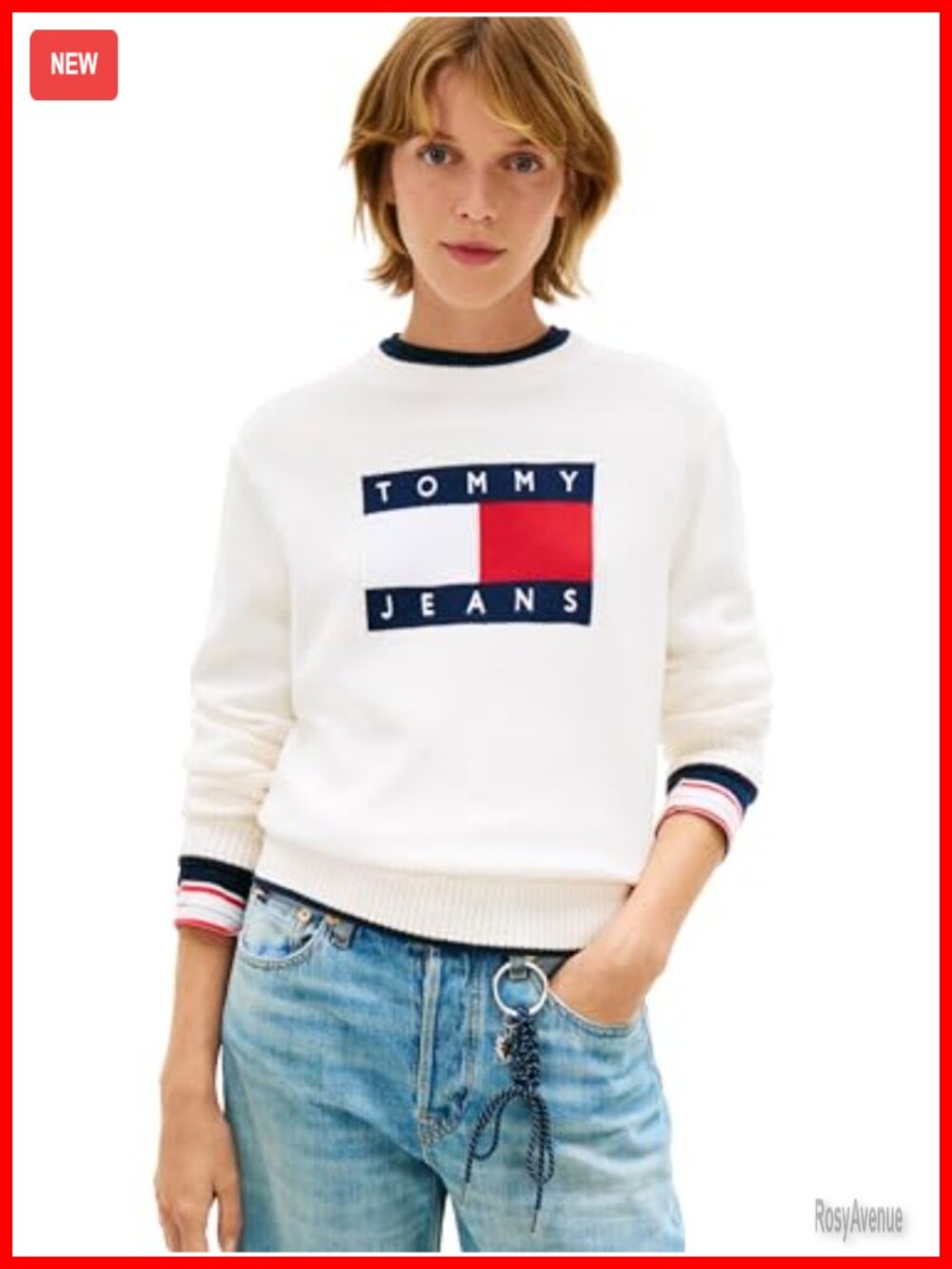 Crew Neck Knit Sweater Pullover with Big Flag Logo Long Sleeve